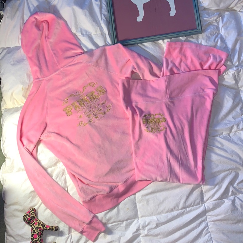 NEW Y2K PINK VELOUR WIDE LEG PANT FULL ZIP HOODIE THE PINKS LOVE & ROCK N ROLL